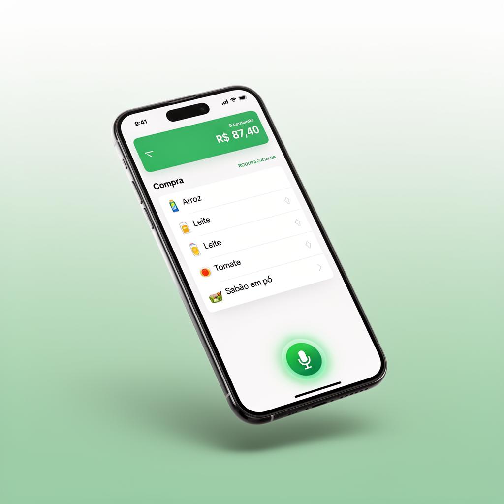 Aplicativo Compra Fácil IA em um iPhone exibindo lista de compras categorizada